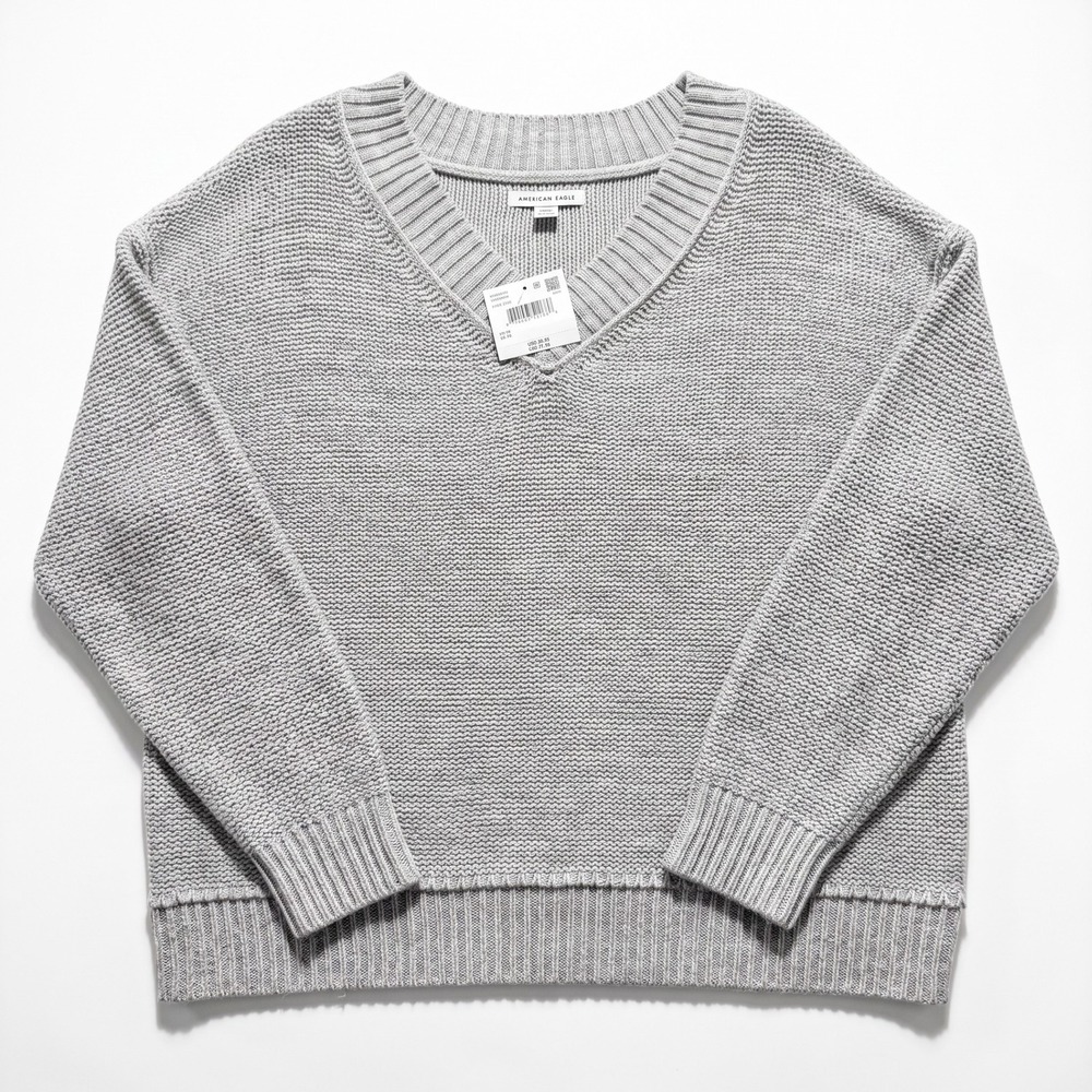 American Eagle M Womens Gray V-Neck Sweater Oversized Casual Cozy Cotton